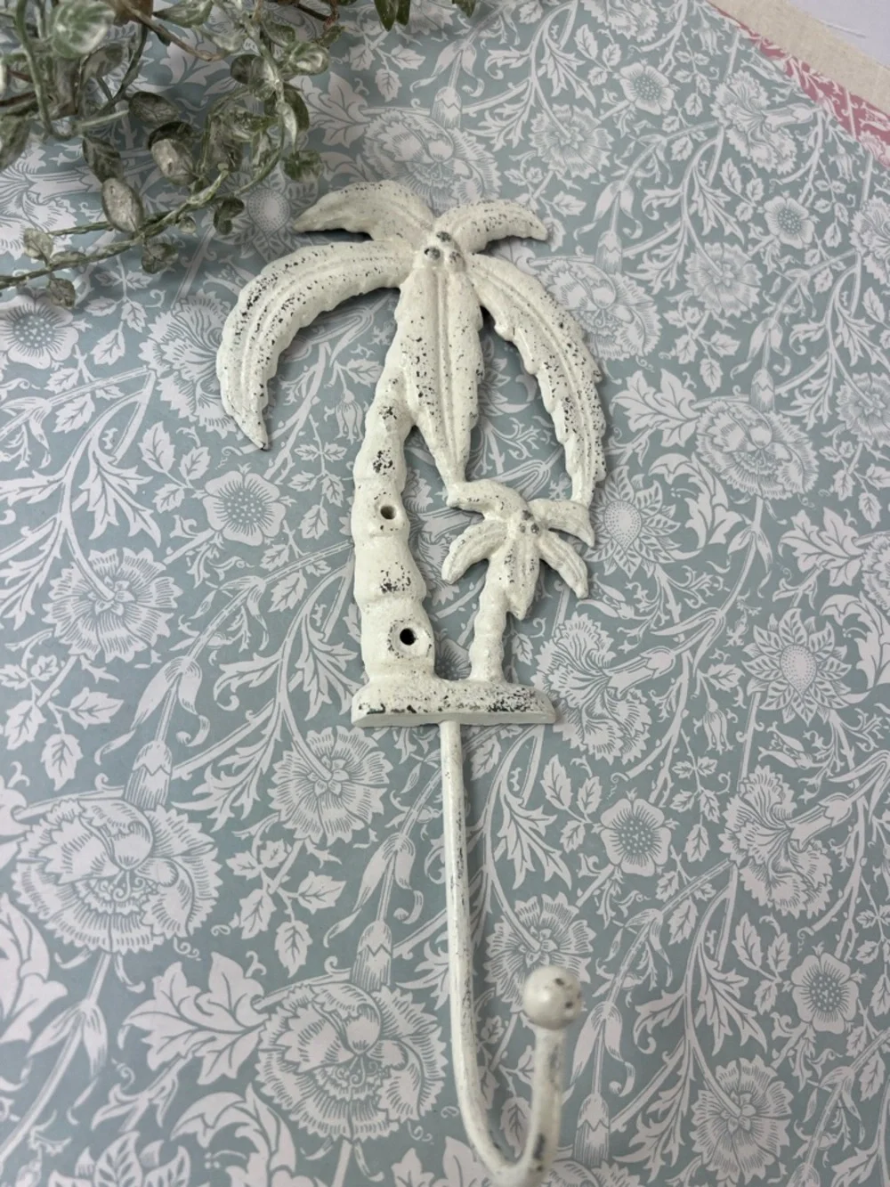 Palm Tree Wall Hook Hand Painted White Distressed Metal Coastal Home Decor